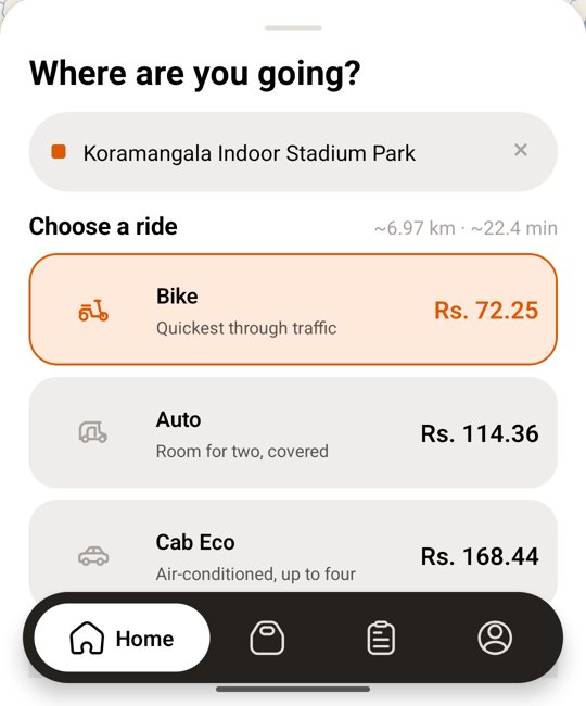 Ride options with fares for bike, auto and cab